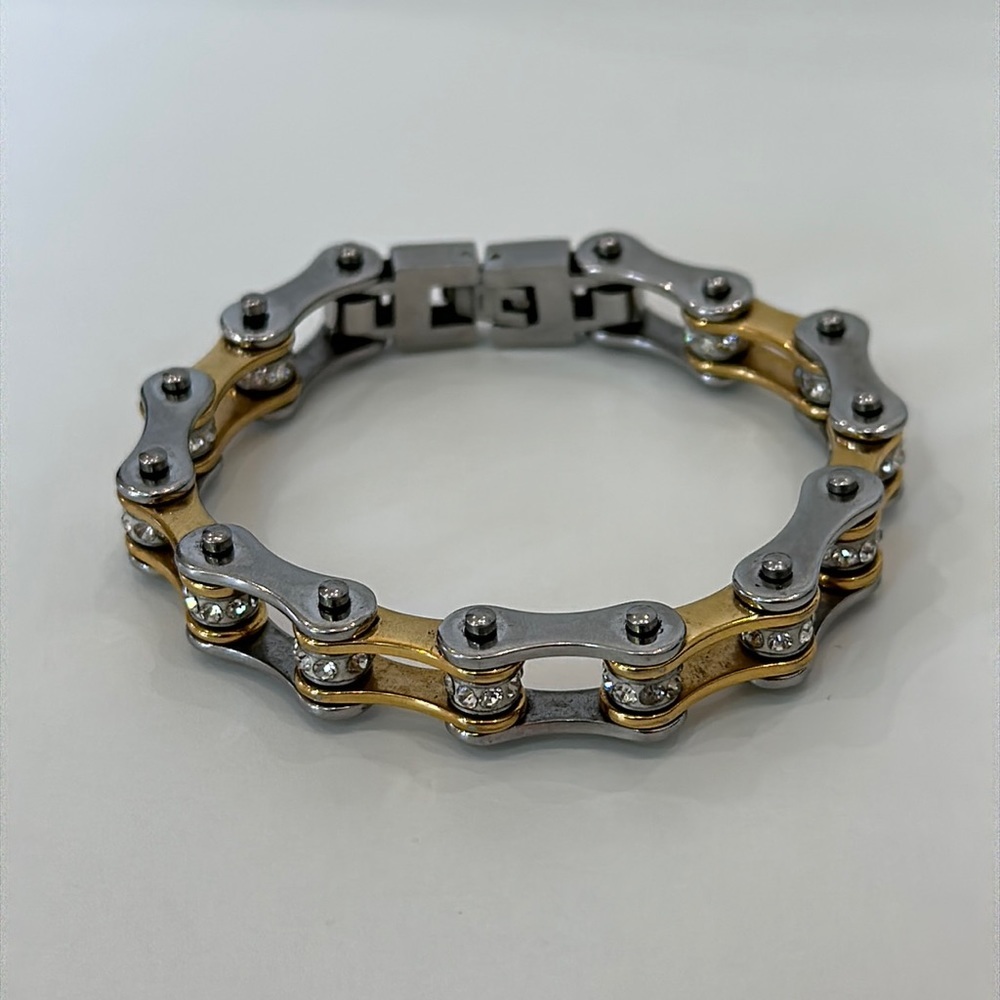 Silver and Gold Bike Chain Bracelet with Clear Stones